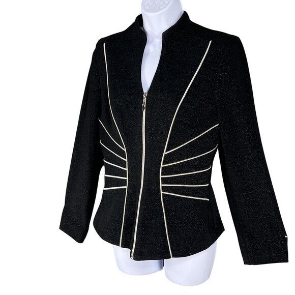 Caché Womens S Black Zip Up Blazer Silver Piping Structured Fit Career Office - Picture 6 of 15
